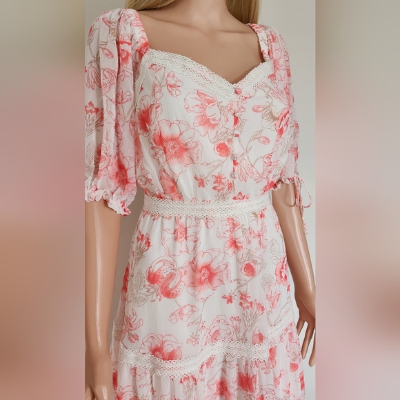 NWT RACHEL PARCELL PINK ROSE FLORAL TIERED BALLON SLEEVES MIDI DRESS 6 MEDIUM - Picture 3 of 14